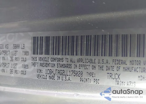 2020 Jeep Gladiator Sport S 4X4 z USA, uszkodzony, nr VIN 1C6HJTAG2LL175020